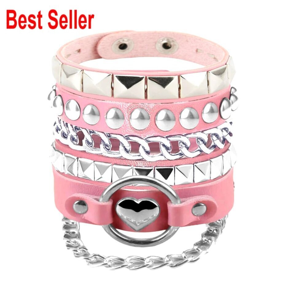 Faux Leather Wrap Bracelets with Heart Pyramid Chain Punk Style